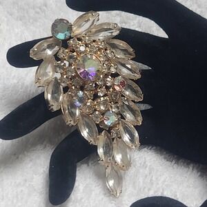 Vintage Aurora Borealis Rhinestone Brooch Gold Tone Marquise Crystal Statement